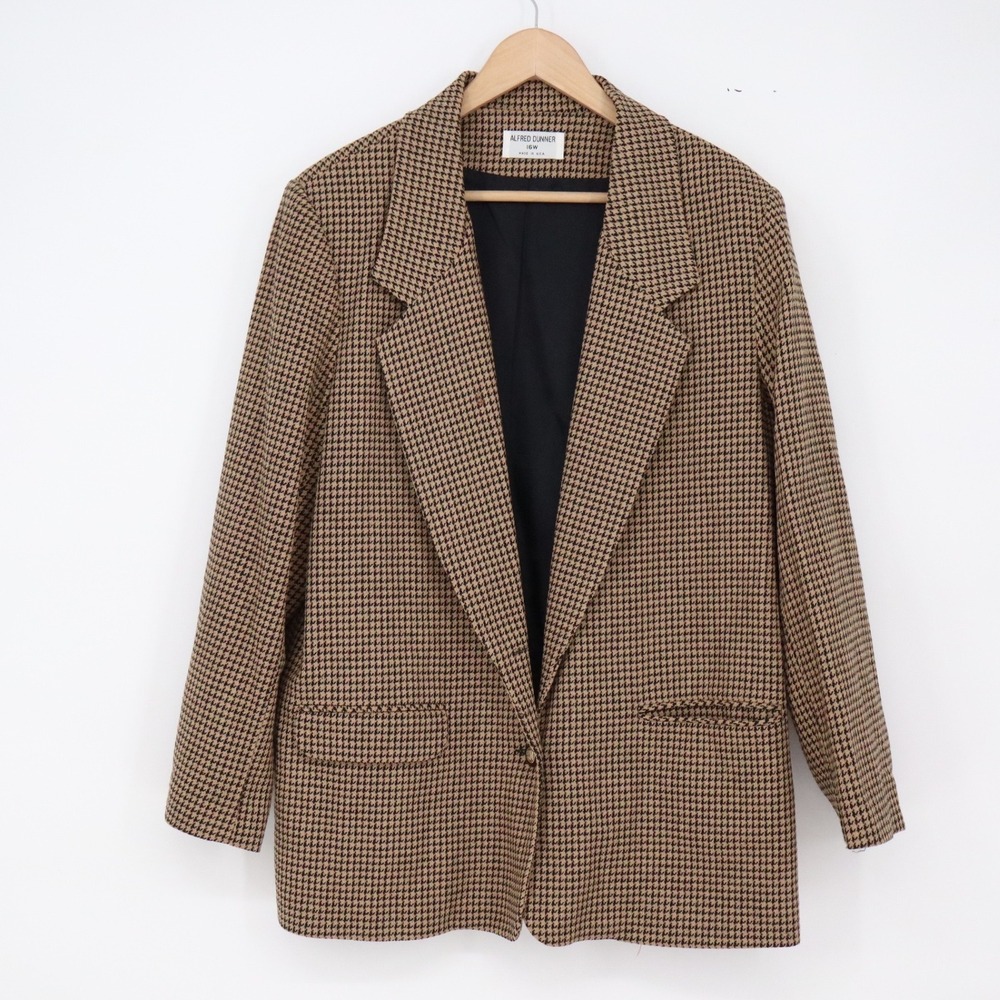 Alfred Dunner Wool Blazer Womens 16W Vintage Houndstooth Brown Checked Excellent